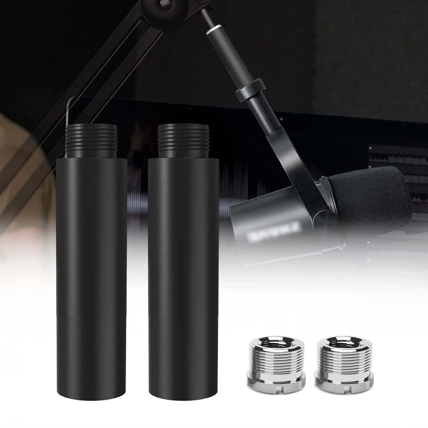 Boseen Mic Stand Extension Tube with Adapter | 5/8" Male to 5/8" Female & 3/8" Female | Black Aluminum Alloy — 2 PCS
