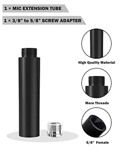 Boseen Mic Stand Extension Tube with Adapter | 5/8" Male to 5/8" Female & 3/8" Female | Black Aluminum Alloy thumbnail 2