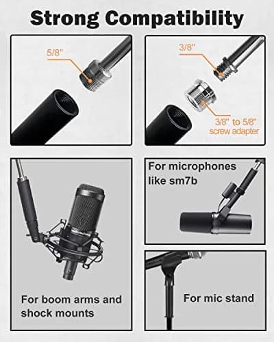 Boseen Mic Stand Extension Tube with Adapter | 5/8" Male to 5/8" Female & 3/8" Female | Black Aluminum Alloy thumbnail 3