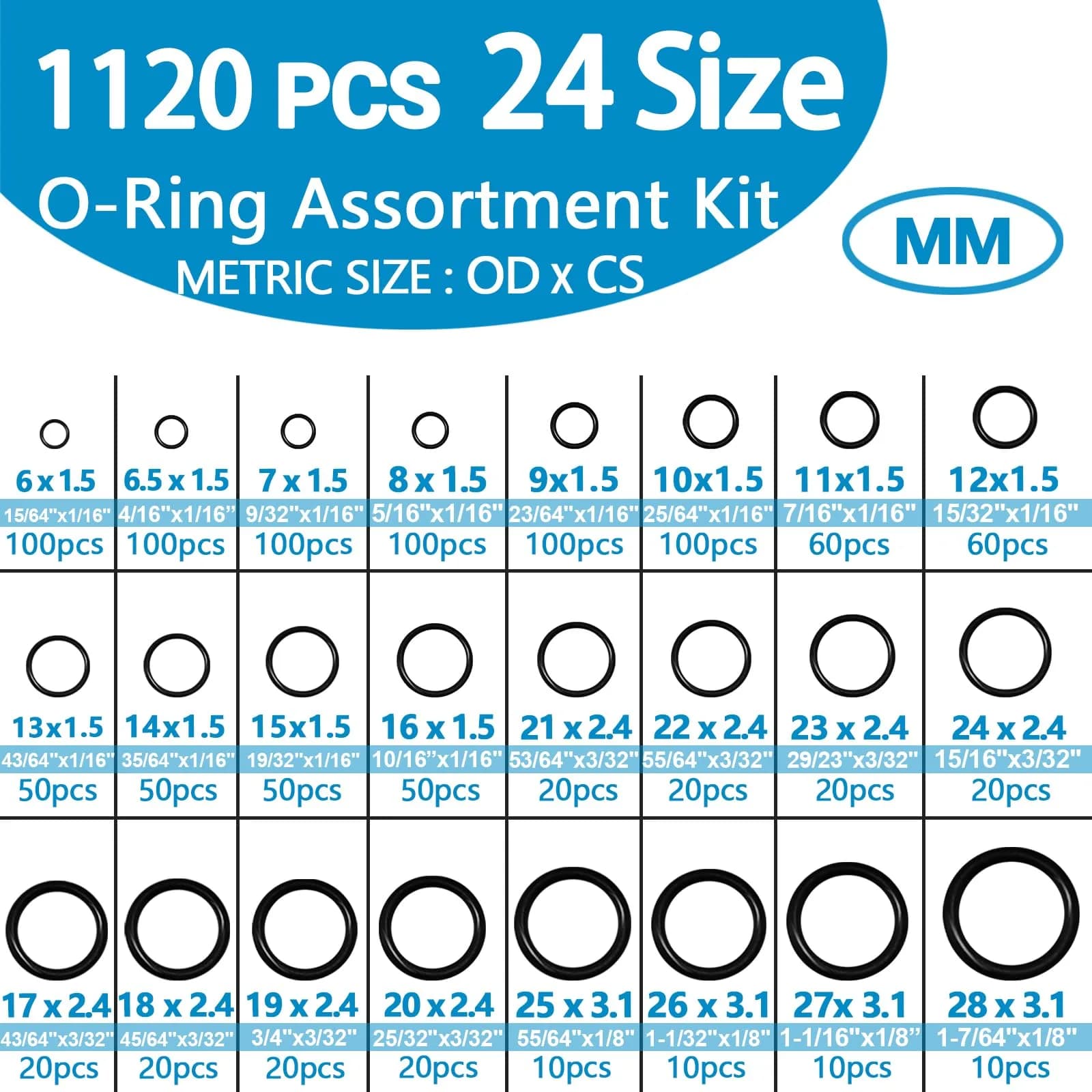 ZDBB OD Metric 24 Size 1120 Pcs Black Nitrile Rubber O-Ring Kit with Pick Tool - view 2