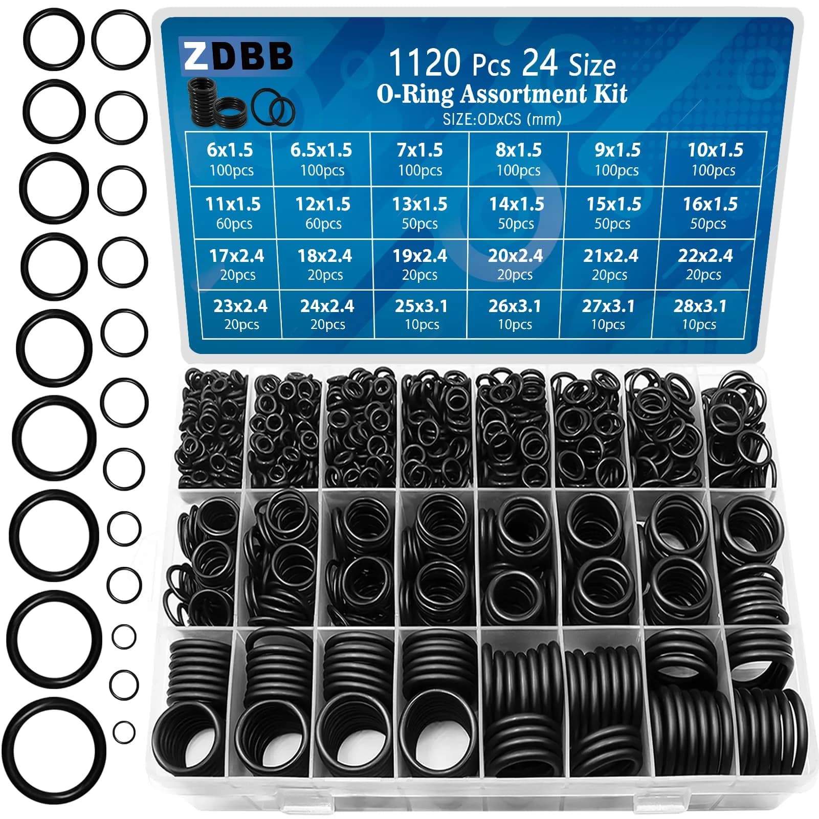 ZDBB 1086 Pcs SAE Nitrile Rubber O-Ring Kit with Pick Tool | 32 Sizes Inch ID: 1/8”-2”, Width: 1/16"-1/8" — OD Metric 24 Size 1120 Pcs