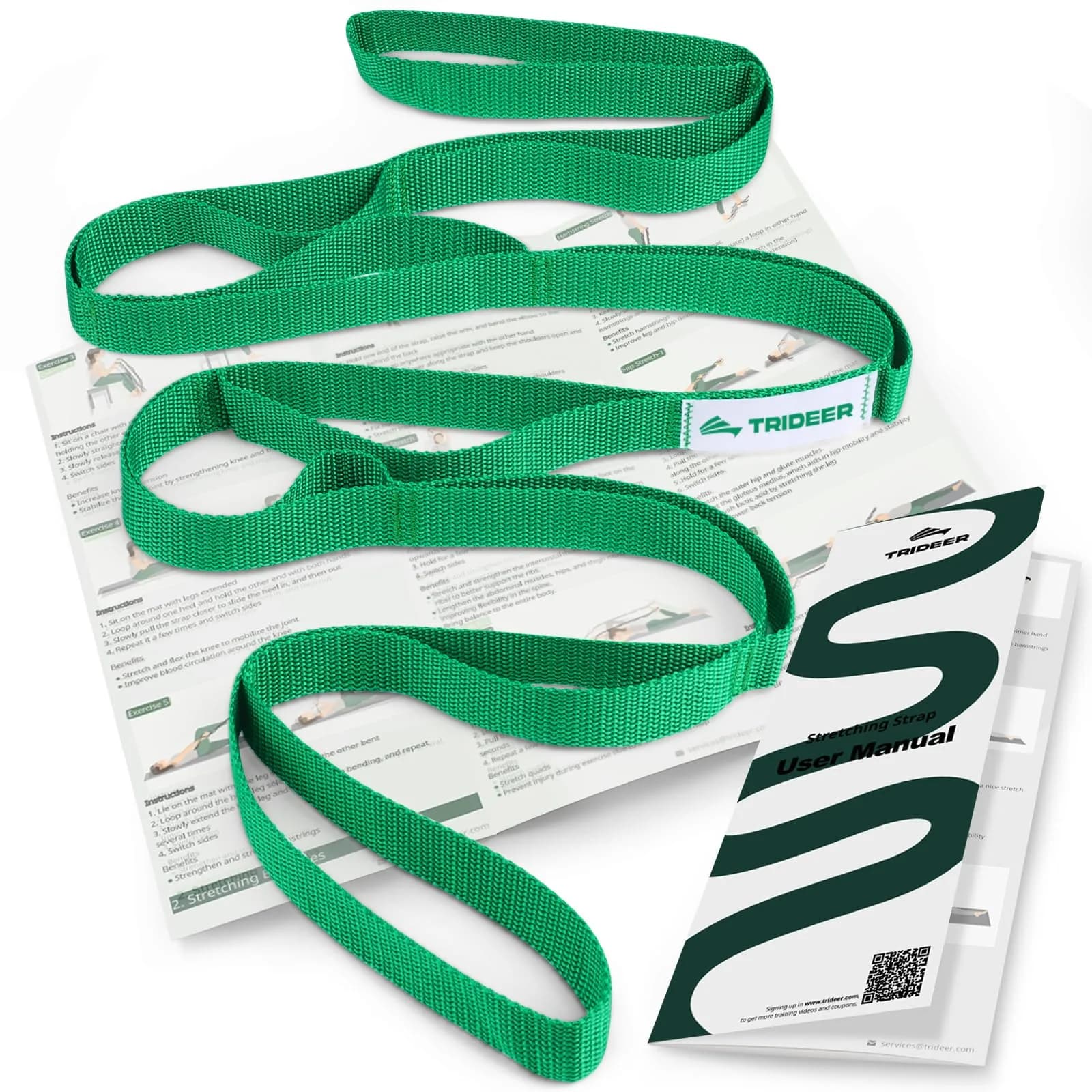 Trideer Stretching Strap with Loops & Leg Lifter | Non-Elastic PT-Style Physical Therapy Strap for Knee Rehab, Yoga & Mobility (75 inch, Green)