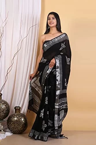 Pallo Latke Hand Block Kalamkari Saree with Blouse Piece - Black & White Cotton Linen (650 cm) thumbnail 4