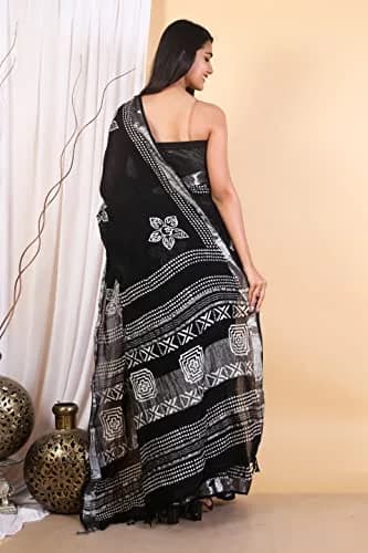 Pallo Latke Hand Block Kalamkari Saree with Blouse Piece - Black & White Cotton Linen (650 cm) thumbnail 6