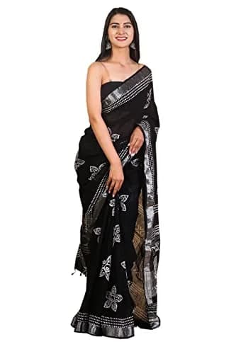 Pallo Latke Hand Block Kalamkari Saree with Blouse Piece - Black & White Cotton Linen (650 cm) thumbnail 1