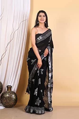 Pallo Latke Hand Block Kalamkari Saree with Blouse Piece - Black & White Cotton Linen (650 cm) thumbnail 2