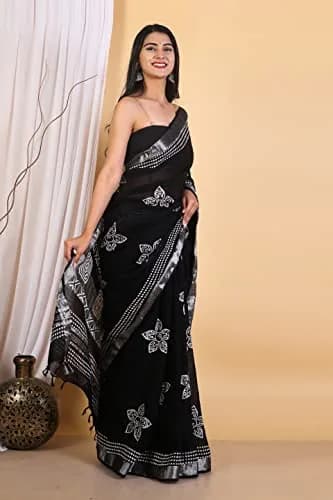 Pallo Latke Hand Block Kalamkari Saree with Blouse Piece - Black & White Cotton Linen (650 cm) thumbnail 3