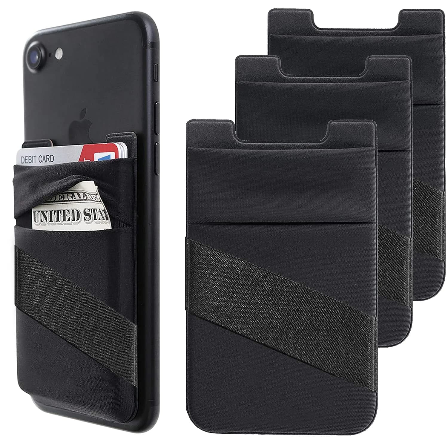 Hoblaze Stretchy Phone Wallet Card Holder with Finger Strap - Black 2-in-1 | Holds 5-8 Cards