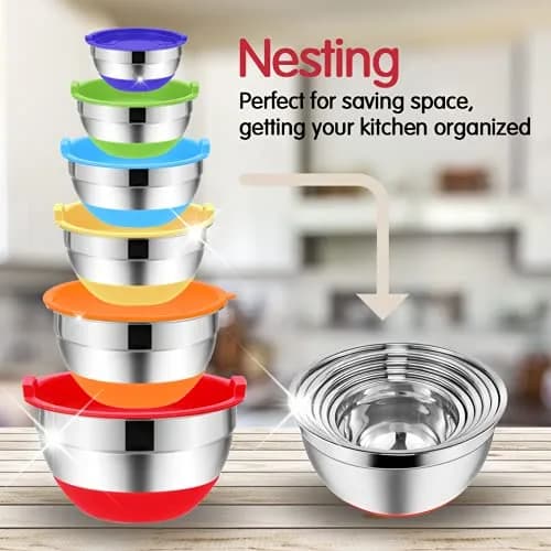 Rottay 20PCS Stainless Steel Mixing Bowls with Airtight Lids Set | Space-Saving Nesting Bowls for Kitchen & Baking thumbnail 3