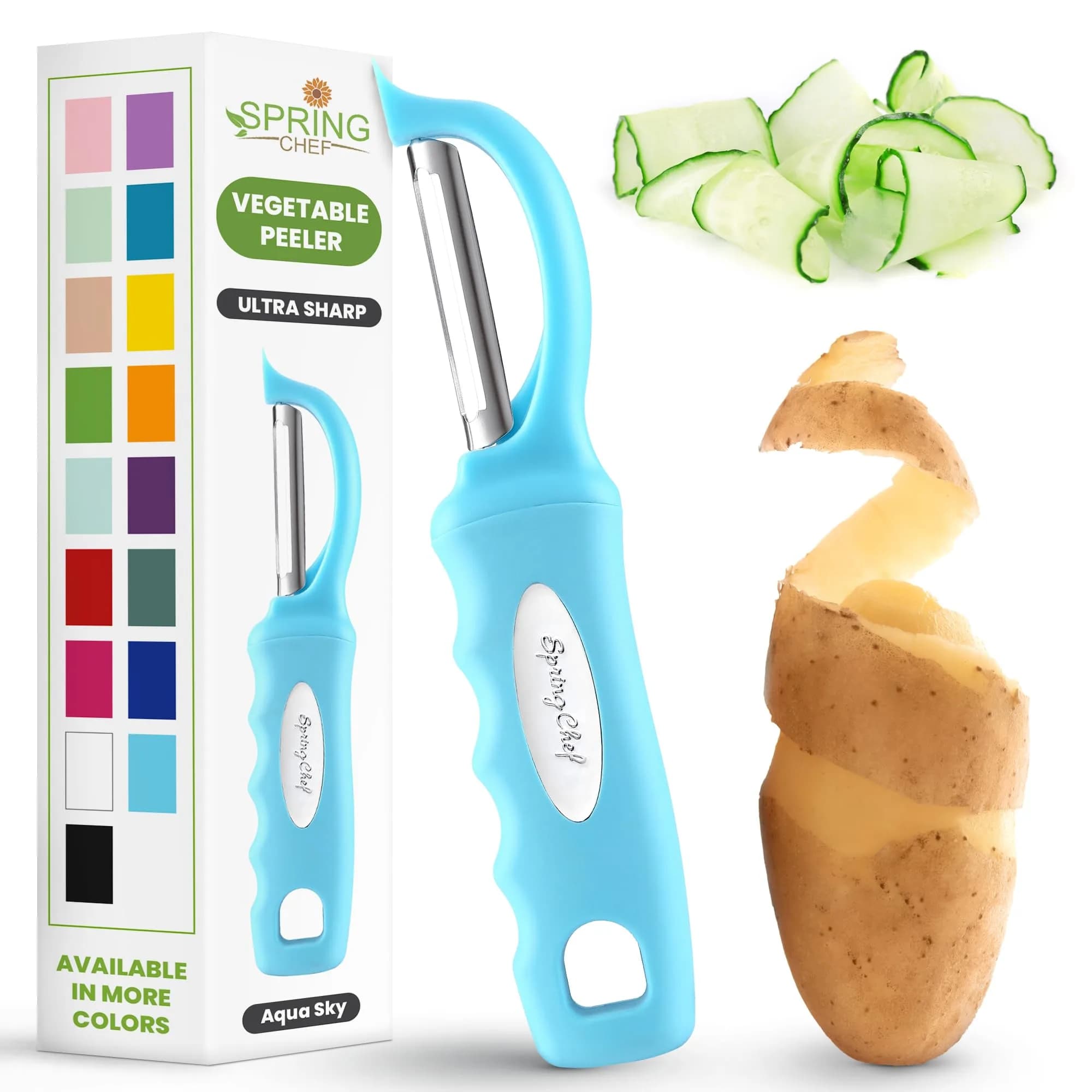Spring Chef Swivel Potato Peeler with Soft Grip Handle, Aqua Sky | Dual Stainless Steel Blades, Ergonomic Design - main product image