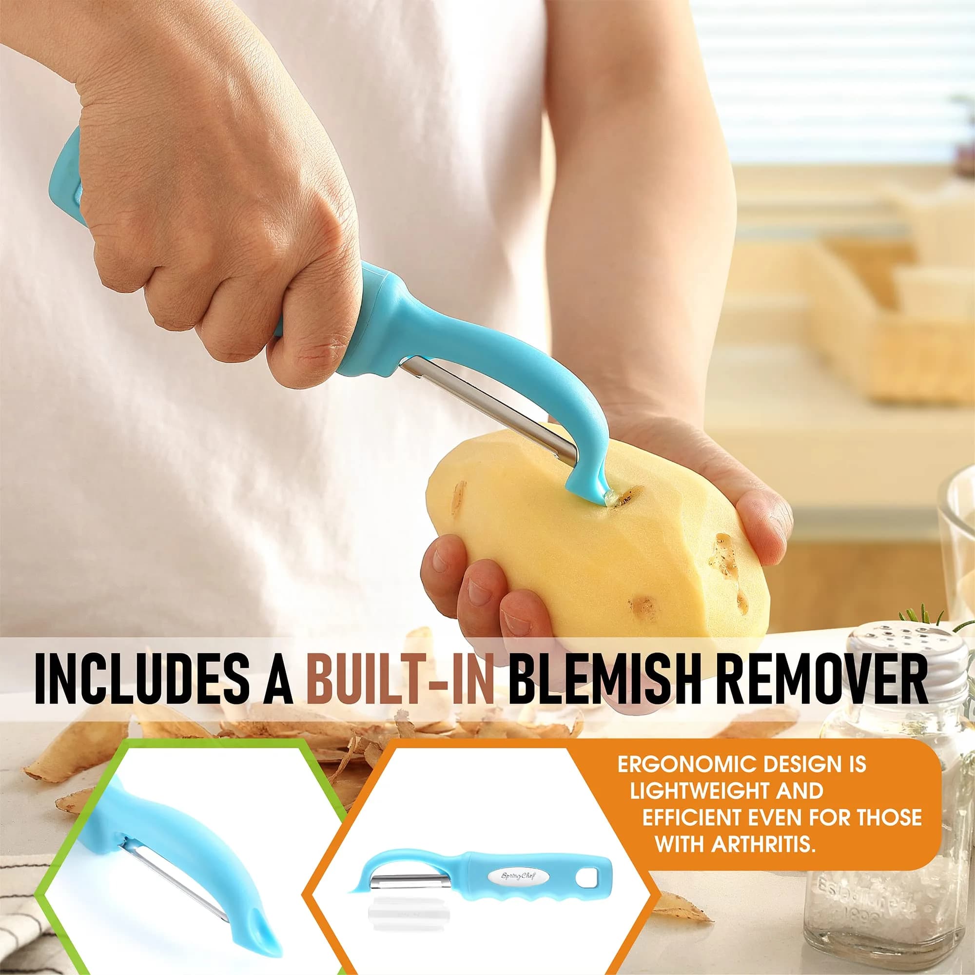 Spring Chef Swivel Potato Peeler with Soft Grip Handle, Aqua Sky | Dual Stainless Steel Blades, Ergonomic Design - view 5