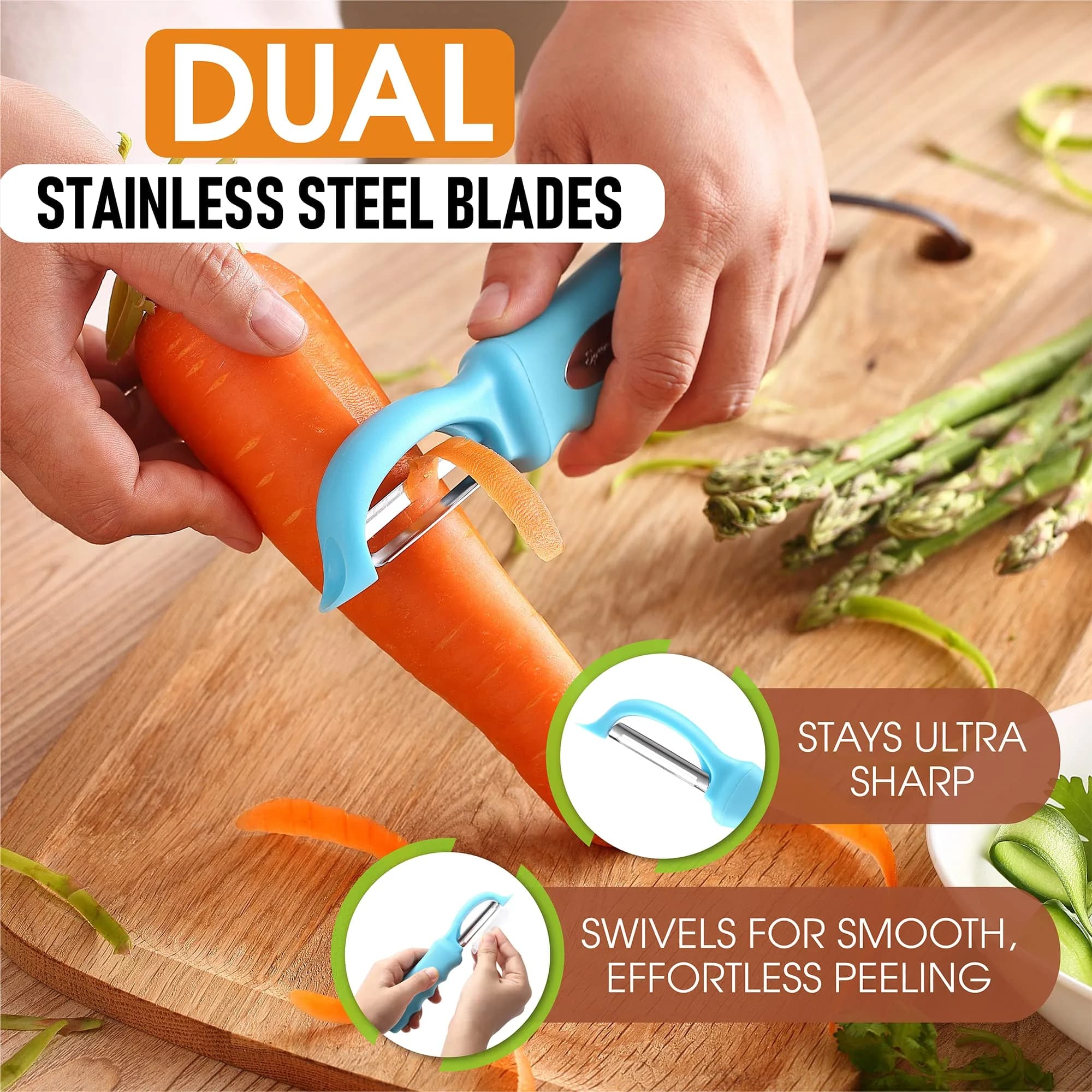 Spring Chef Swivel Potato Peeler with Soft Grip Handle, Aqua Sky | Dual Stainless Steel Blades, Ergonomic Design - view 2