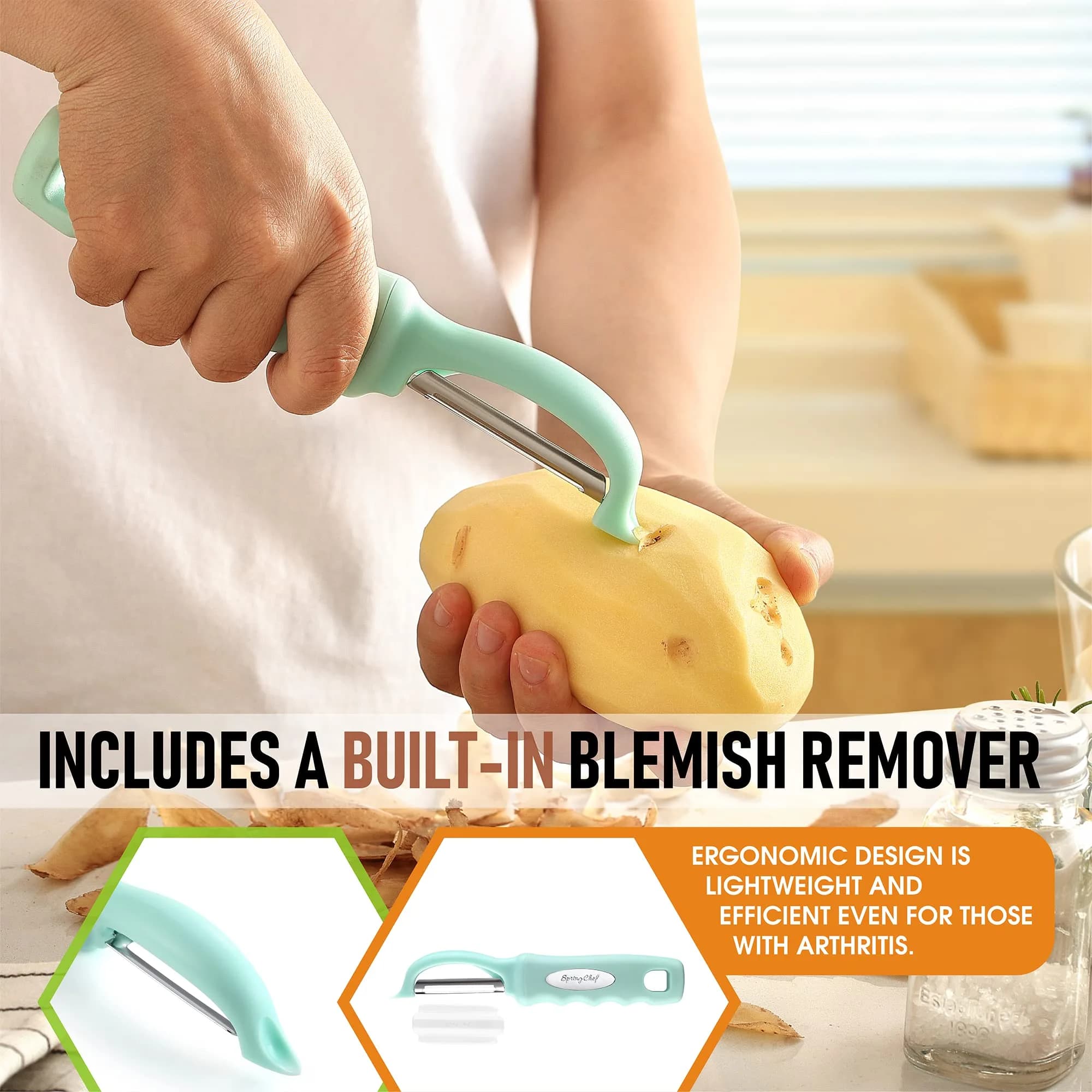 Spring Chef Swivel Vegetable Peeler Mint | Ergonomic Soft Grip Handle, Stainless Steel Blades - view 5