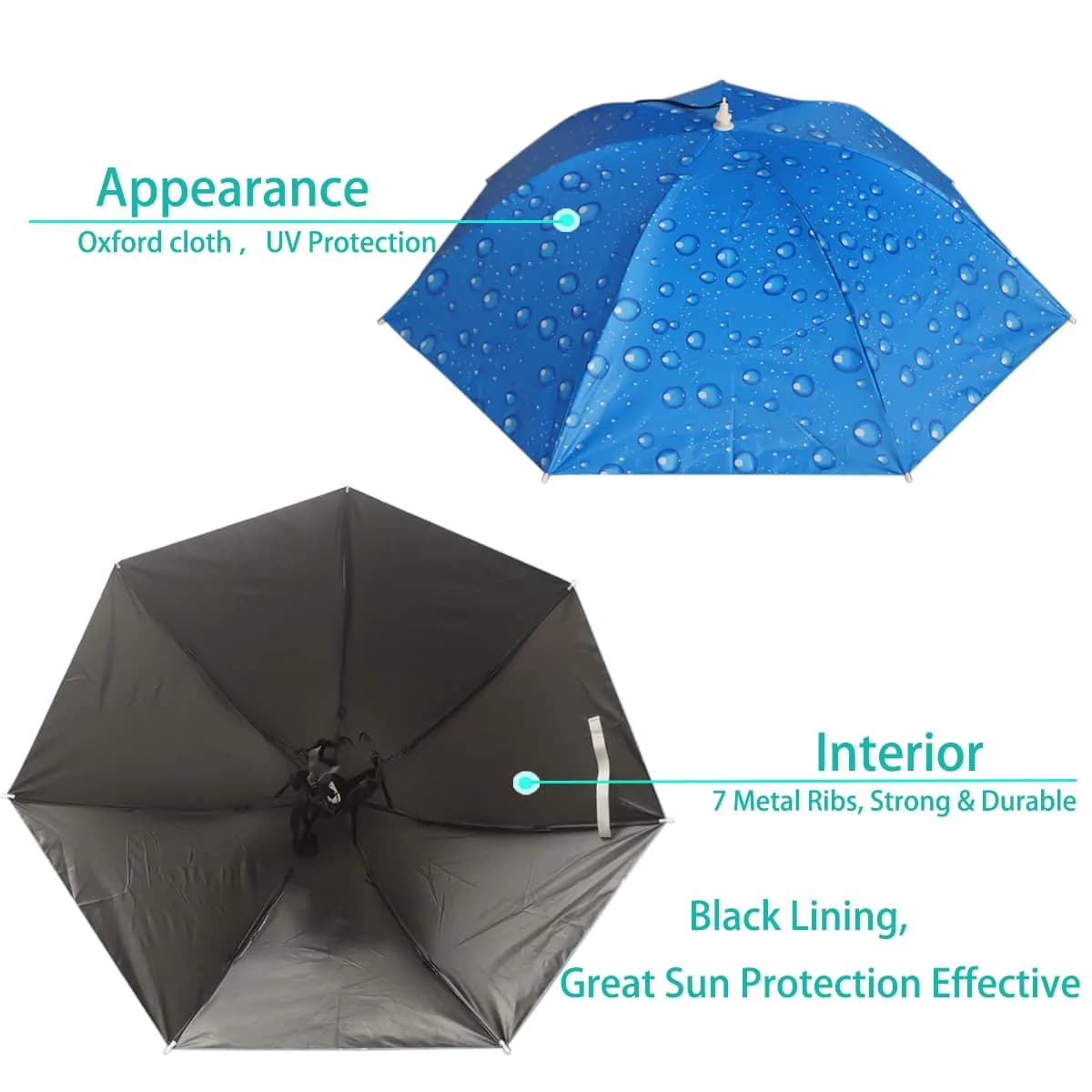 Bocampty Umbrella Hat, 37 inch Water Drop Blue | Hands-Free UV Protection for Fishing & Outdoors - view 2