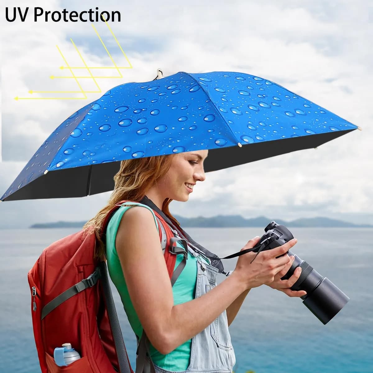 Bocampty Umbrella Hat, 37 inch Water Drop Blue | Hands-Free UV Protection for Fishing & Outdoors - view 3