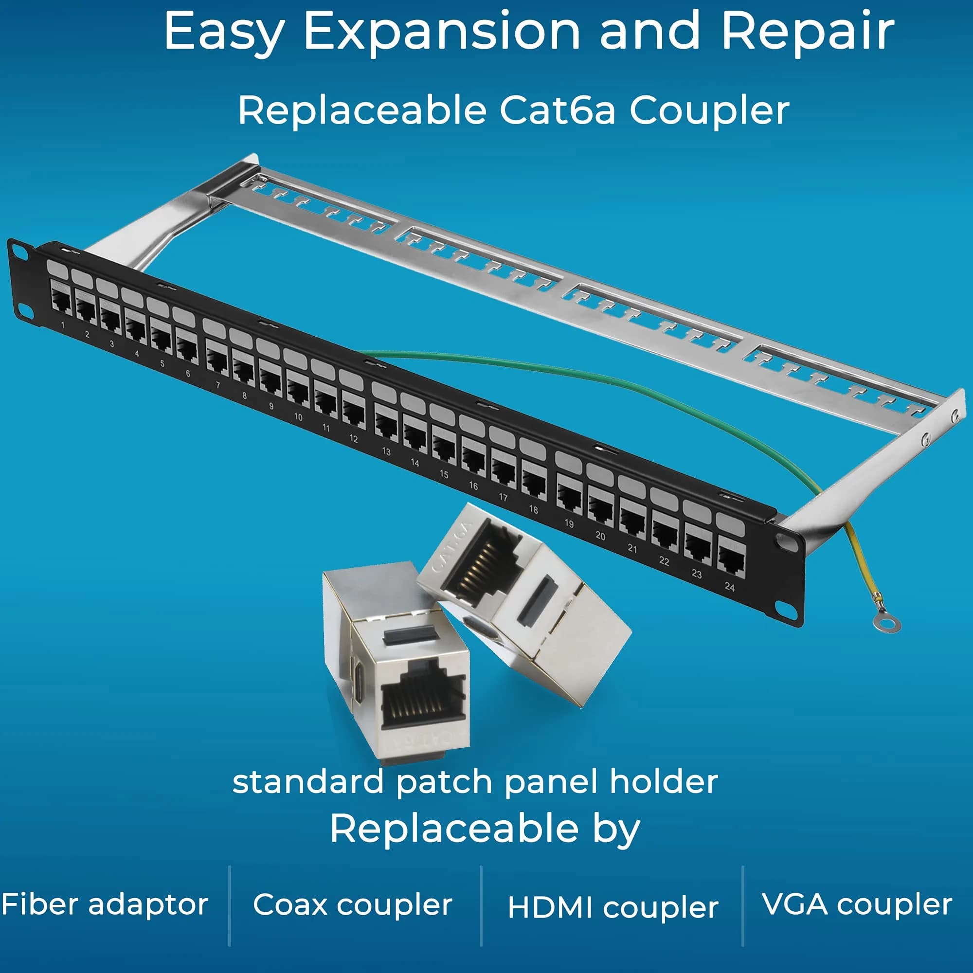 Rapink 24-Port Cat6A Shielded Patch Panel 19-Inch | 10Gbps STP Network Panel with Toolless Keystone Couplers - view 3