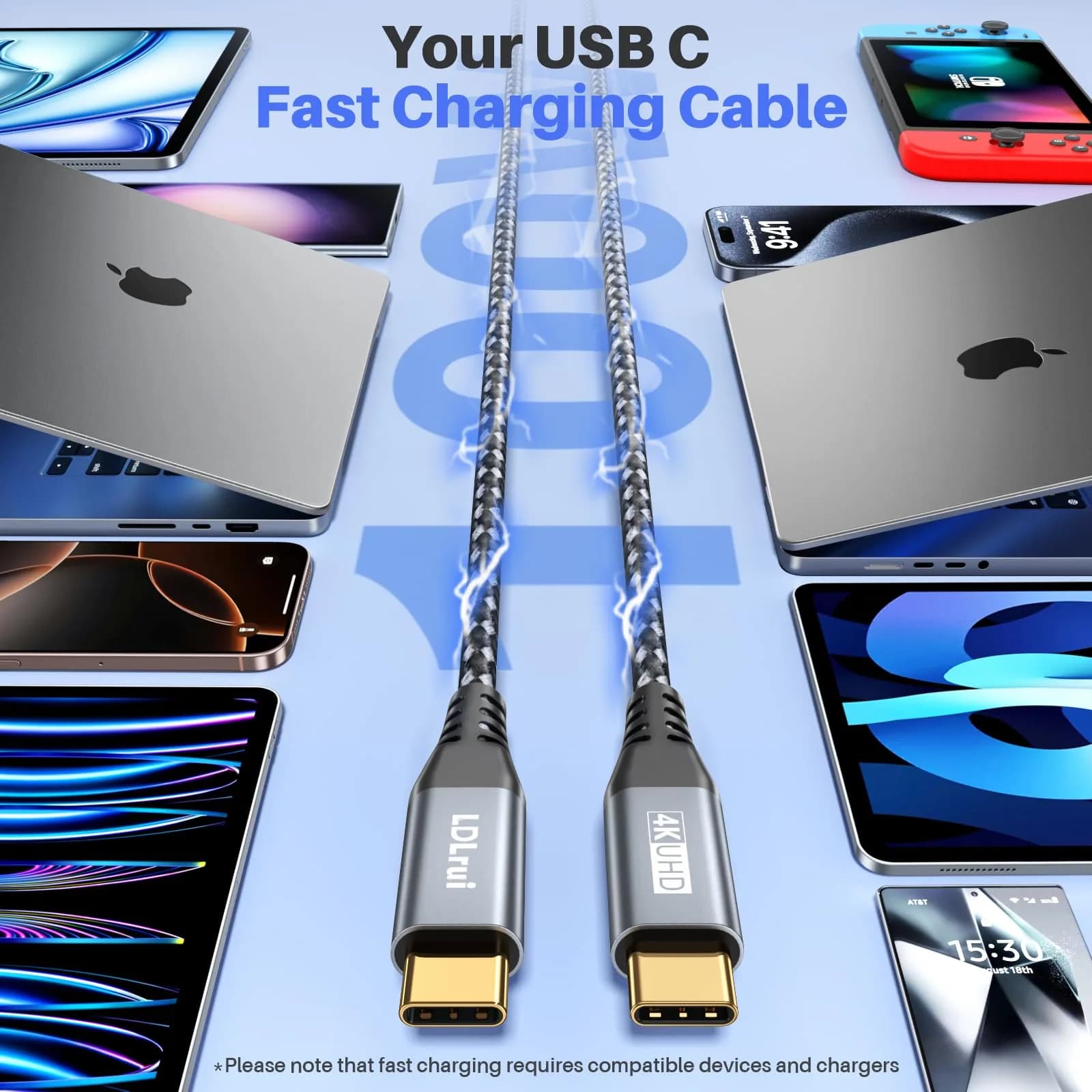 LDLrui USB C to USB C 3.2 Gen 2x2 Cable 0.91 m (3FT) | 20Gbps Data Transfer & 100W PD Charging - view 4