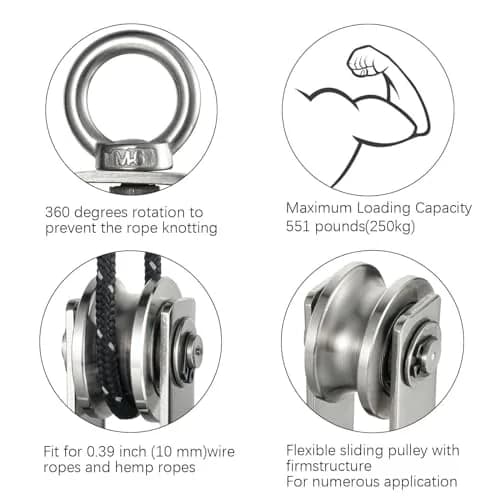 SHINICO Swivel Pulley Wheel Stainless Steel with 2 Bearings, 250kg (551lb) Load Capacity | Rope Pulley for Gym, Clothesline, Systems thumbnail 5