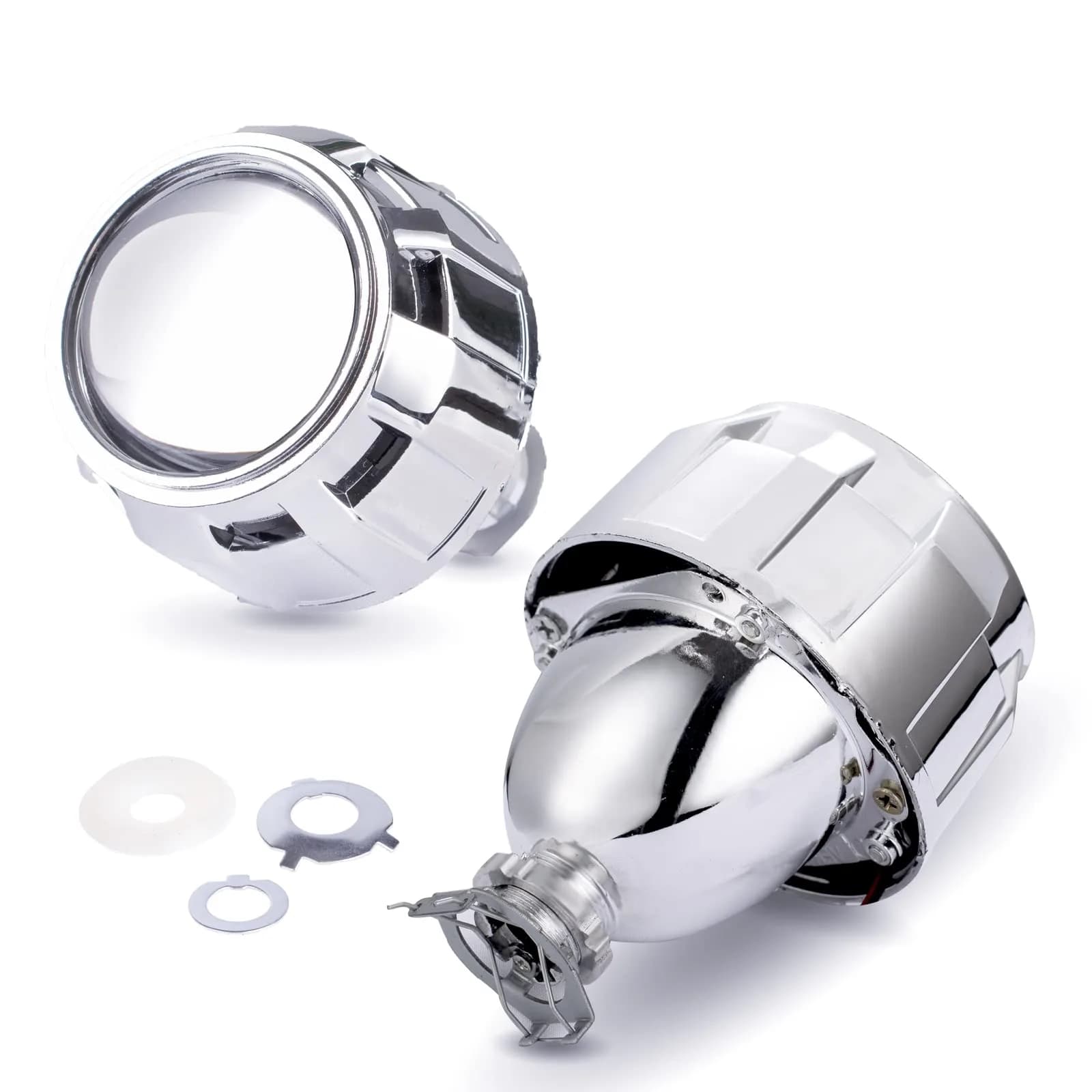 YUFANYA 2.5Inch Mini Projector Lens with Silver Shrouds | High/Low Beam Fit for H1 H4 H7 Car Motorcycle Retrofit - main product image