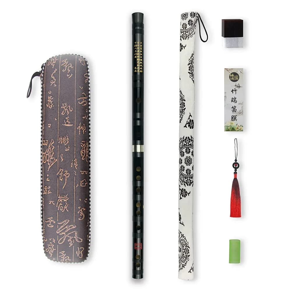 PHYSKOW Bitter Bamboo Black+Red Dizi Flute in G Key | 66 cm (26 in) with Accessories - main product image