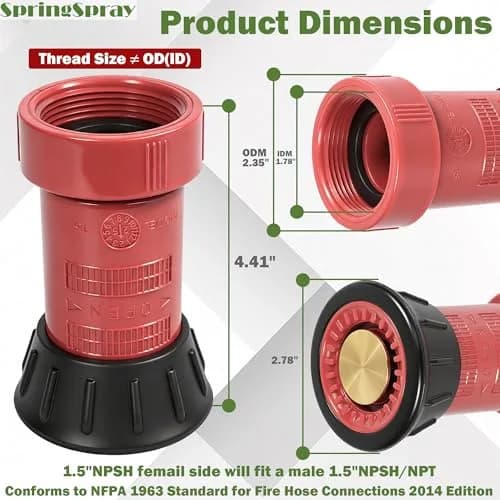 SpringSpray 1-1/2" Fire Hose Nozzle Thermoplastic NPSH/NPT 1.5 Inch Nozzles | Adjustable Water Spray for Firefighting & Industrial Use thumbnail 2
