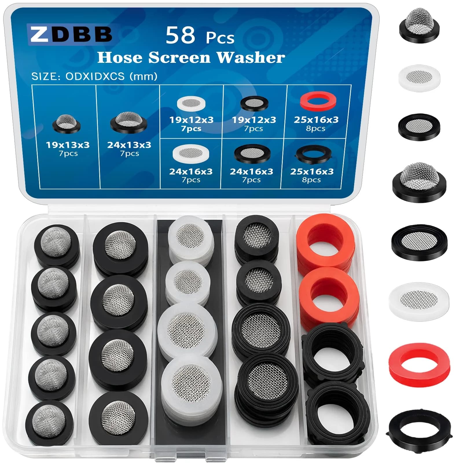 TWCC Shower Head Garden Hose Screen Filter Gasket Kit | 58 PCS Stainless Steel Water Filter Hose Washer for 1/2,3/4 Inch Plumbing & Washing Machine (58 pcs, Black White)