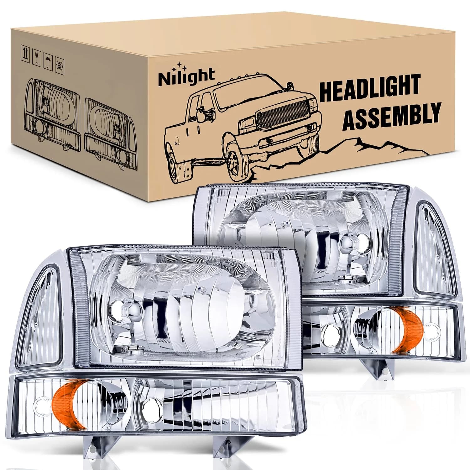 Nilight Vehicle Light Assembly 1999-2004 | Chrome Housing with Amber Corner, Clear Lens, 12V, 20W
