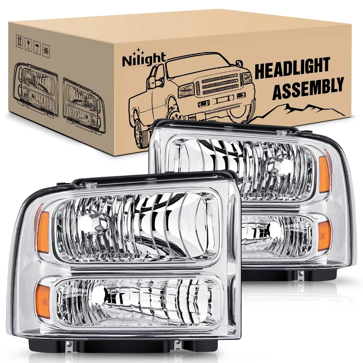 Nilight Vehicle Light Assembly 1999-2004 | Chrome Housing with Amber Corner, Clear Lens, 12V, 20W — 2005-2007 F250-F550