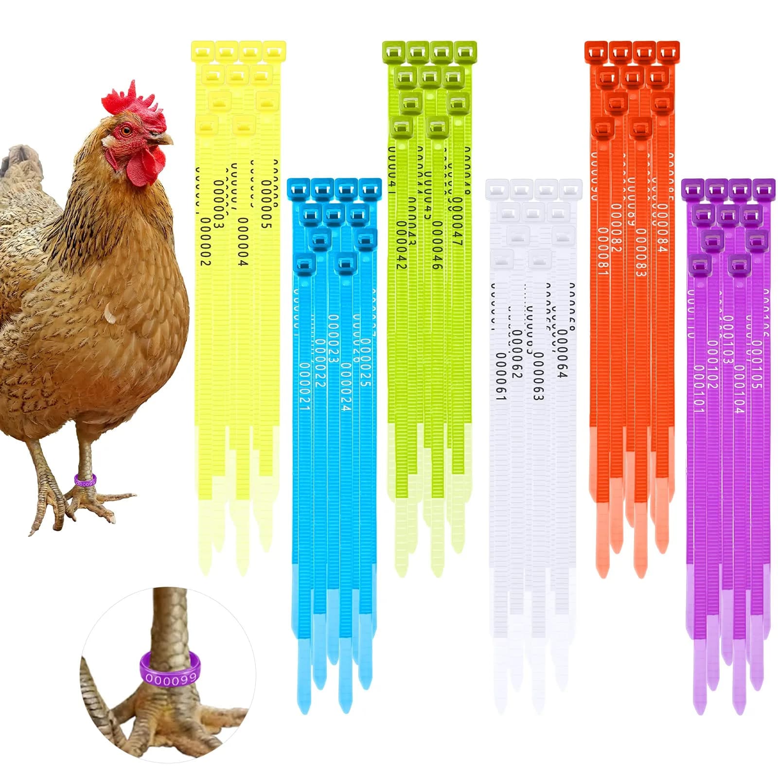 Shappy 120 Pcs Adjustable Chicken Leg Bands Numbered 1-120, 6 Colors | Bulk Farm Management & Wire Organizing