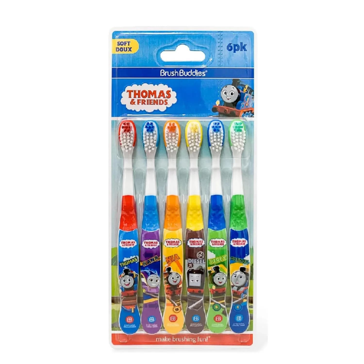 Brush Buddies Thomas & Friends Kids Toothbrush Set 6 Pack Soft Bristle Toddler Toothbrush Ages 2+ Small Head Easy Grip Handle Fun Character Oral Care | Kid-Friendly, BPA-Free, 6-Pack — Blue