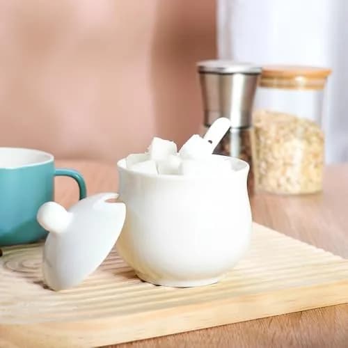 Swetwiny Ceramic Sugar Bowl with Lid and Spoon, 7 Ounces | Classic White Porcelain Kitchen Storage thumbnail 8