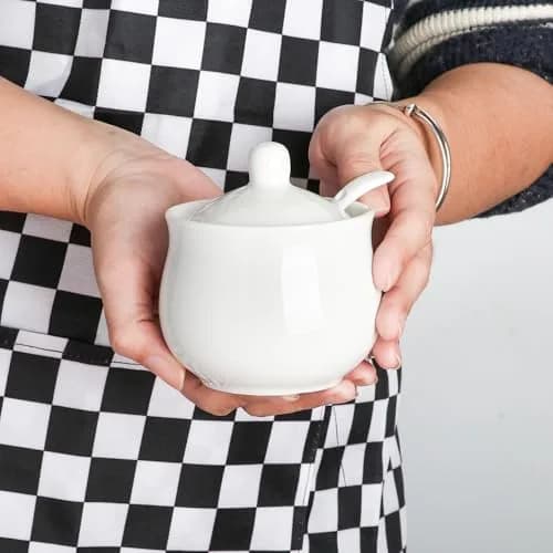Swetwiny Ceramic Sugar Bowl with Lid and Spoon, 7 Ounces | Classic White Porcelain Kitchen Storage thumbnail 3