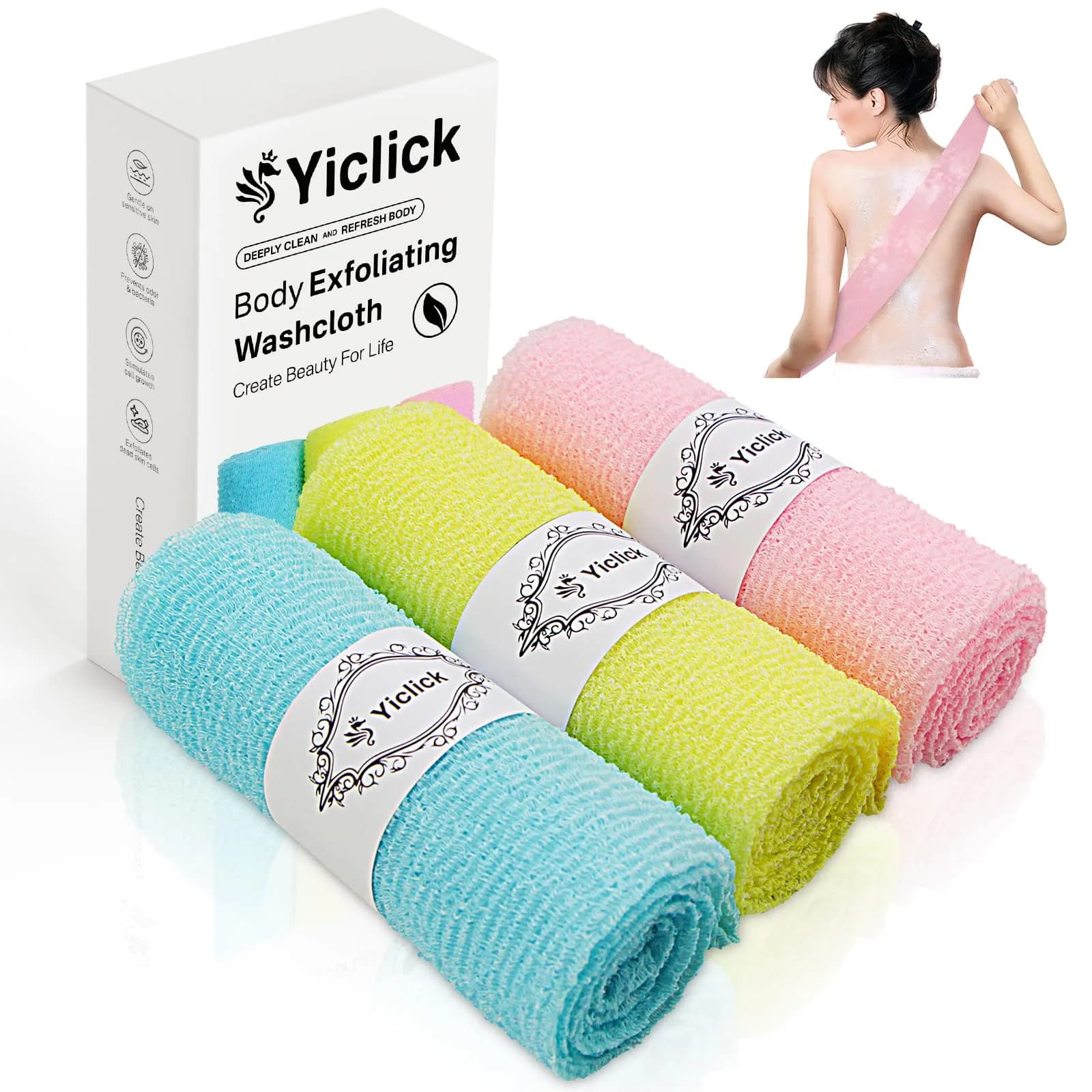 Yiclick Exfoliating Washcloth Towel 3-Pack | Back Scrubber for Shower Bath Washer — Colors