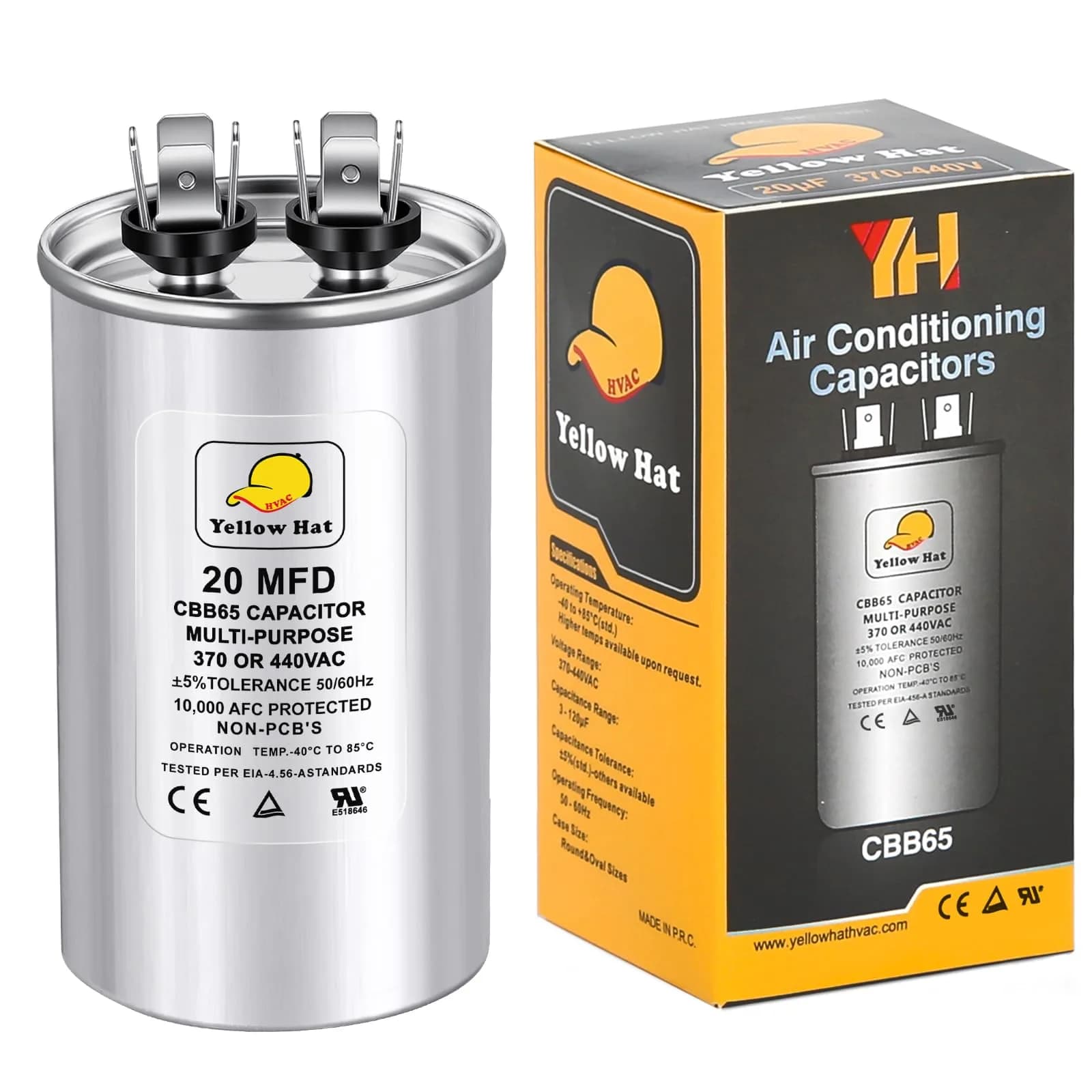 HVAC YELLOW HAT 30 MFD 370V/440V CBB65 Round Run Capacitor 5.99 cm (1.97") x 10.11 cm (3.35") | Universal AC Motor Start Capacitor — 20MFD