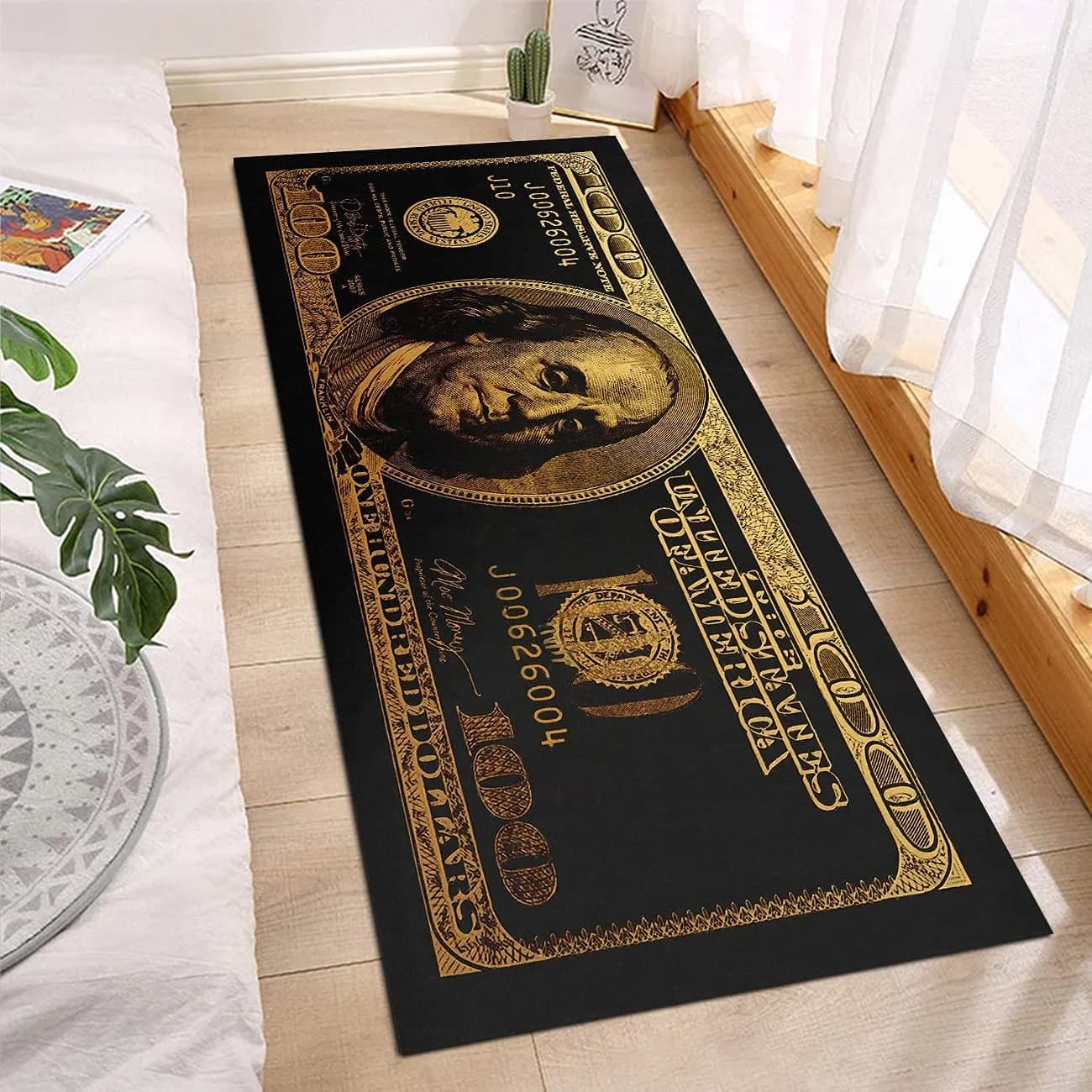 GUBIYU Black Bathroom Rug Set of 2 | Money Dollar Bill Pattern, Water Absorption, Non-Slip Rubber Backing (45x75cm+45x150cm) — Gold Black 002 / 24 in x 59 in