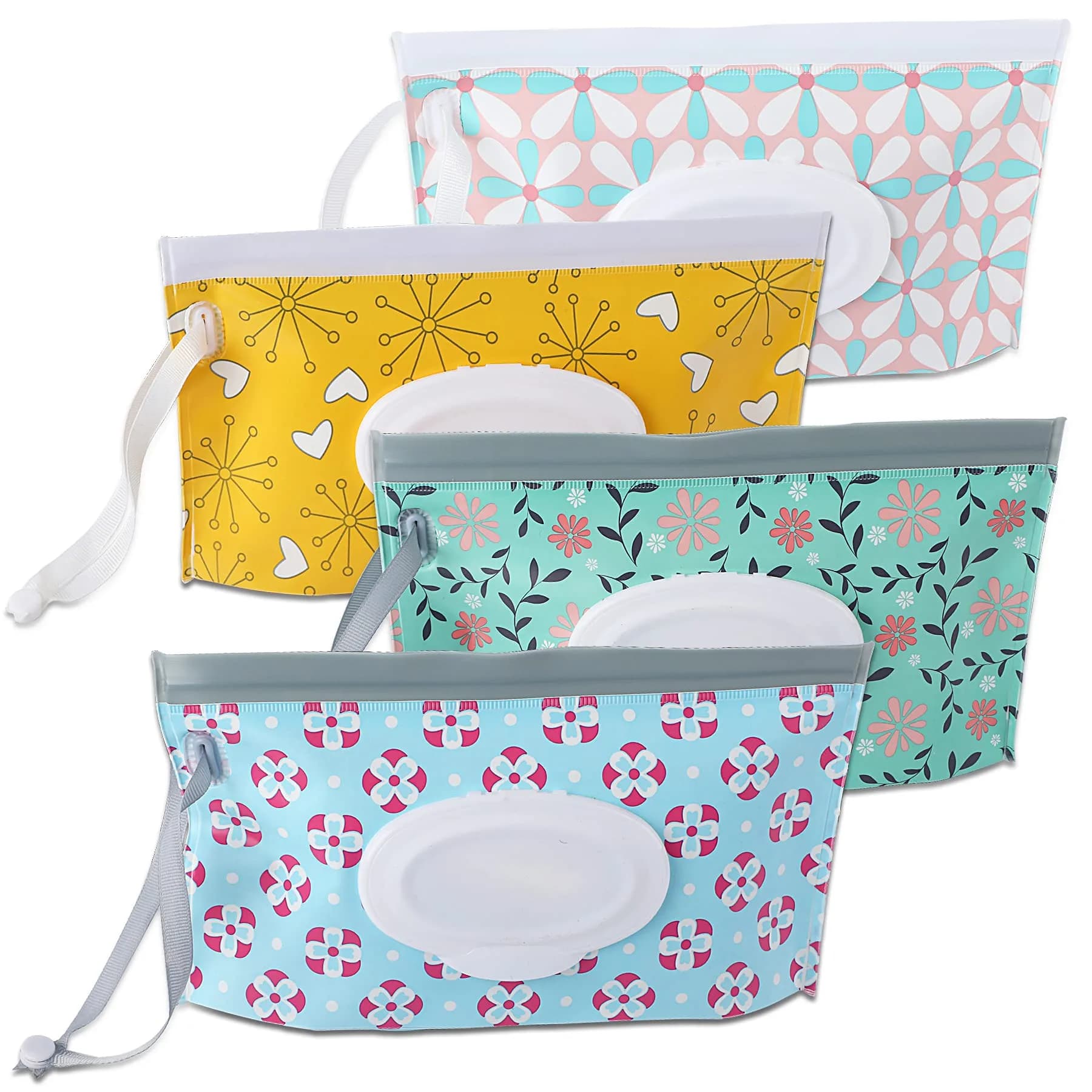 FEBSNOW Baby Wipe Dispenser 4 Pack with PatternB - Portable Refillable Wet Wipe Holder with Wrist Loop - main product image