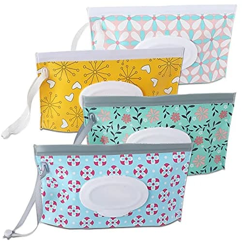 FEBSNOW Baby Wipe Dispenser 4 Pack | Portable Refillable Wet Wipe Holder with Wrist Loop — PatternB