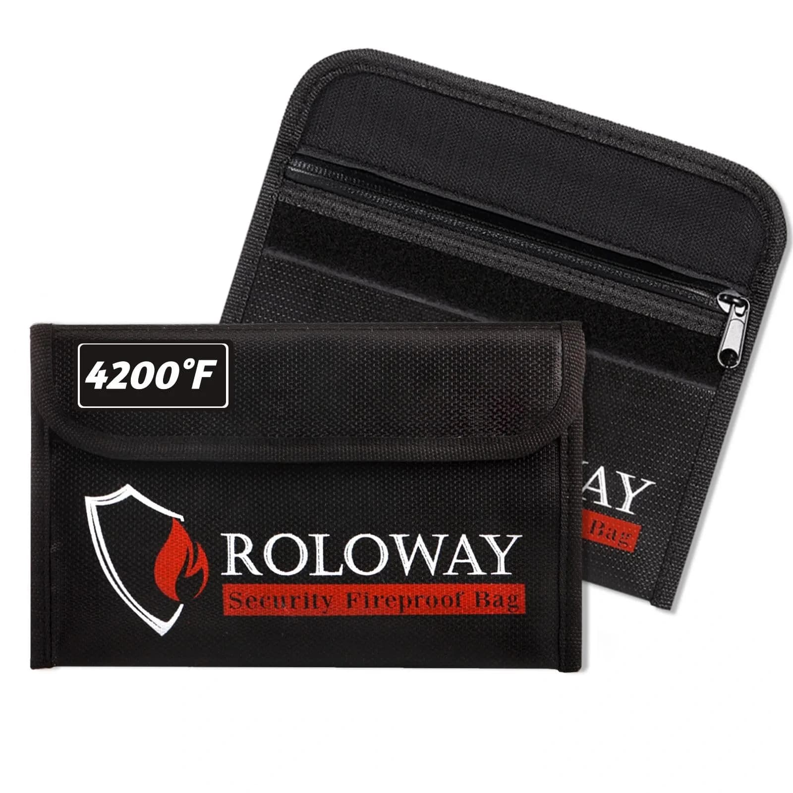 ROLOWAY Small Fireproof Bag 12.7cm x 20.3cm (5 x 8 inches) 2-Pack Black | Protects Valuables from Fire & Water