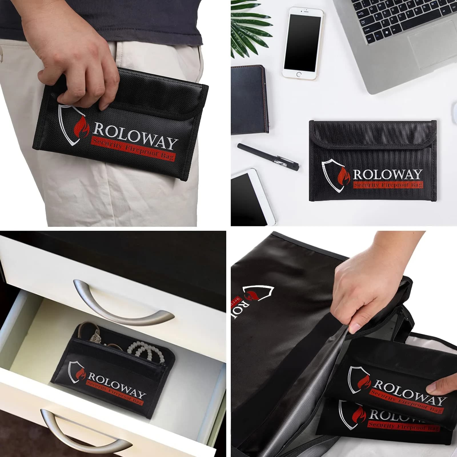 ROLOWAY Small Fireproof Bag 12.7cm x 20.3cm (5 x 8 inches) 2-Pack Black | Protects Valuables from Fire & Water - view 6