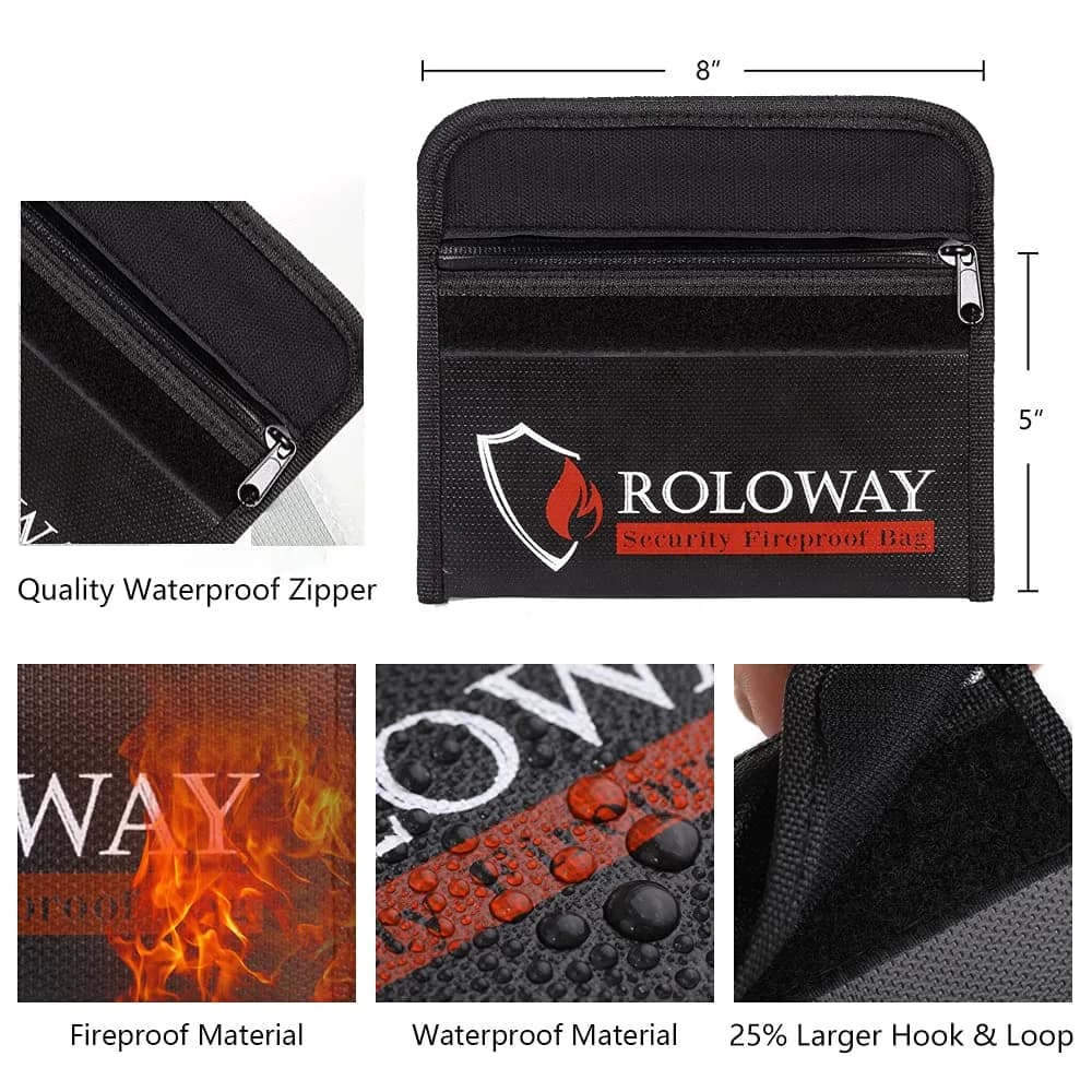 ROLOWAY Small Fireproof Bag 12.7cm x 20.3cm (5 x 8 inches) 2-Pack Black | Protects Valuables from Fire & Water - view 2