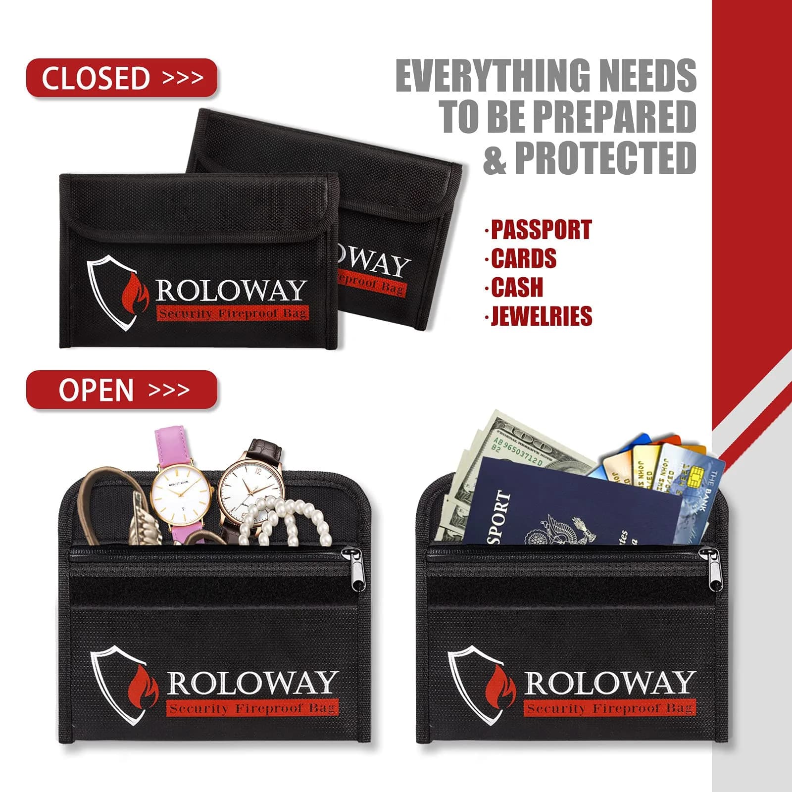 ROLOWAY Small Fireproof Bag 12.7cm x 20.3cm (5 x 8 inches) 2-Pack Black | Protects Valuables from Fire & Water - view 4