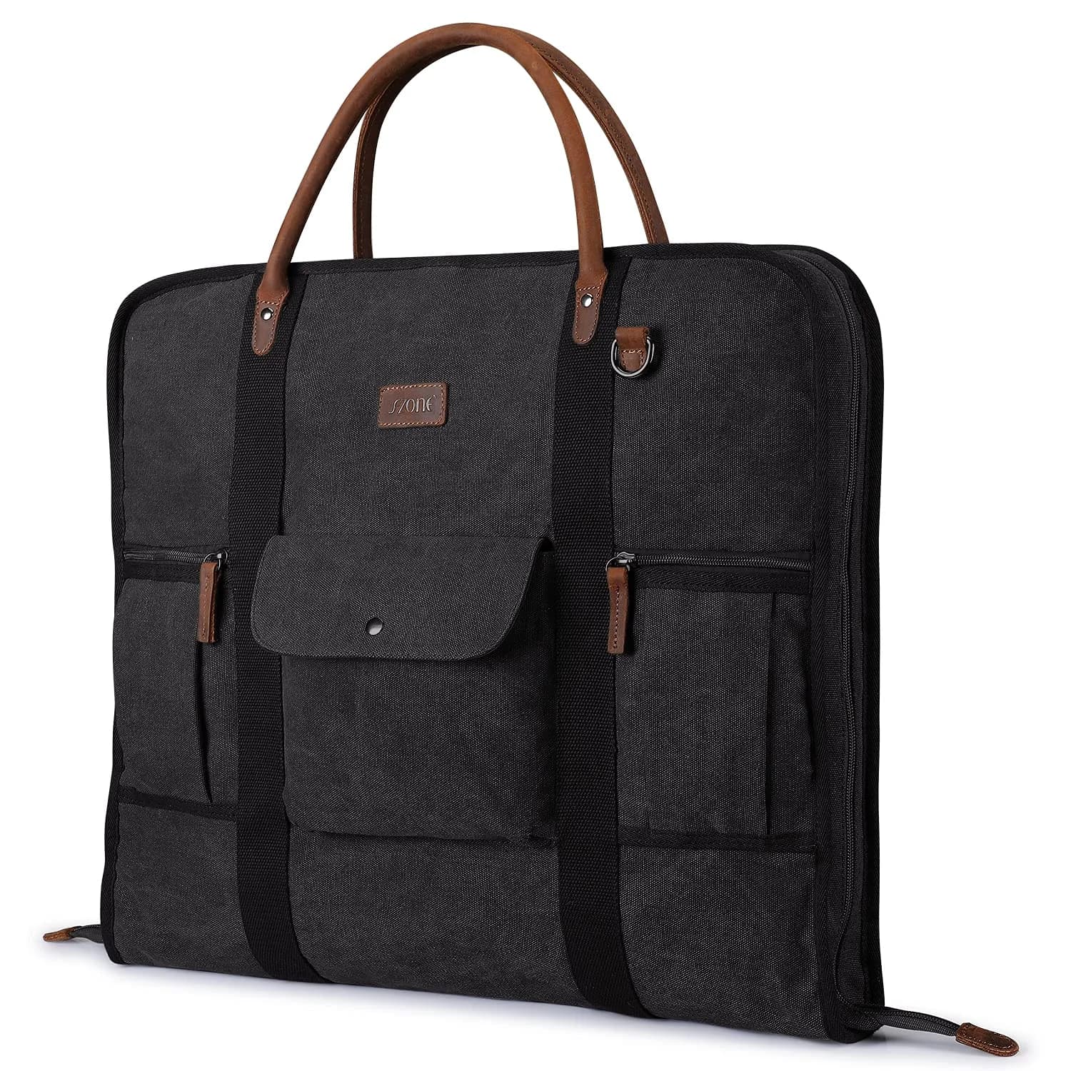 S-ZONE Carry On Garment Bag for Business Travel Canvas Leather Men Women Suit Cover 52cm (20.5in) | Wrinkle-Free Suit Bag with 10 Compartments — Black