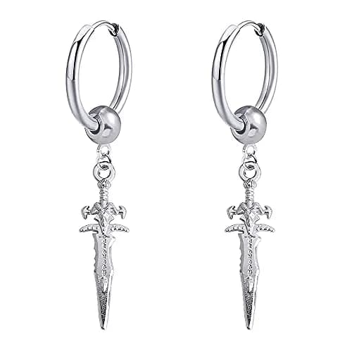 Hebelee Sword Drop Dangle Small Hoop Earrings for Women Men | Silver Tone, 52mm Length, Drop & Dangle Style thumbnail 1