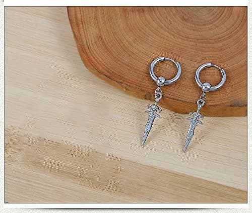 Hebelee Sword Drop Dangle Small Hoop Earrings for Women Men | Silver Tone, 52mm Length, Drop & Dangle Style thumbnail 4