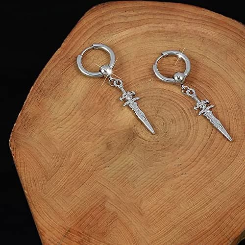 Hebelee Sword Drop Dangle Small Hoop Earrings for Women Men | Silver Tone, 52mm Length, Drop & Dangle Style thumbnail 5