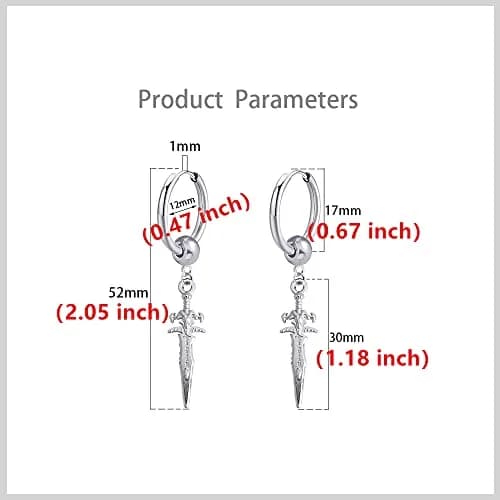 Hebelee Sword Drop Dangle Small Hoop Earrings for Women Men | Silver Tone, 52mm Length, Drop & Dangle Style thumbnail 6