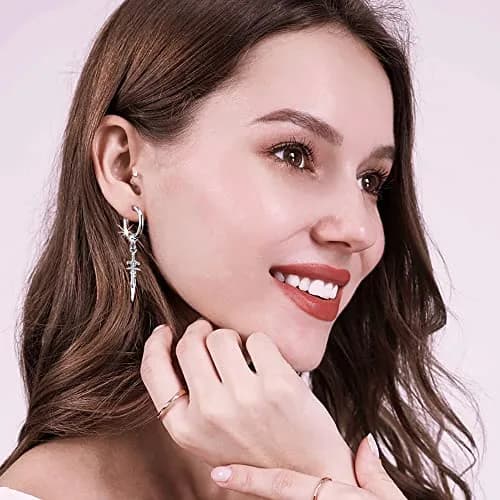 Hebelee Sword Drop Dangle Small Hoop Earrings for Women Men | Silver Tone, 52mm Length, Drop & Dangle Style thumbnail 2
