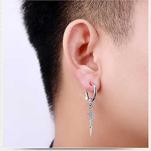 Hebelee Sword Drop Dangle Small Hoop Earrings for Women Men | Silver Tone, 52mm Length, Drop & Dangle Style thumbnail 3
