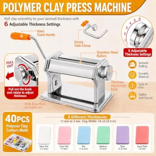 Foifatt Polymer Clay Press Machine with 40 Cutters | 145mm (5.78in) Wide, 6 Thickness Settings thumbnail 5