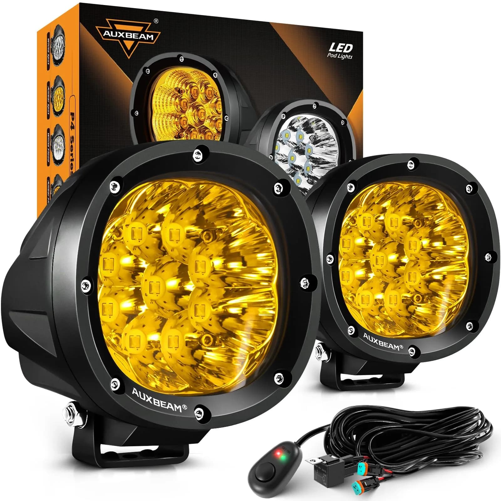 Auxbeam P4 Series 4-Inch Amber LED Offroad Lights Round LED Pods 2-Pack | 8800 Lumens, Impact-Resistant, Waterproof — P4 Series Amber Offroad Lights